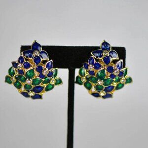 Vintage NLH NAT LANDAU HYMAN Green & Blue Flower Cluster Clip Earrings